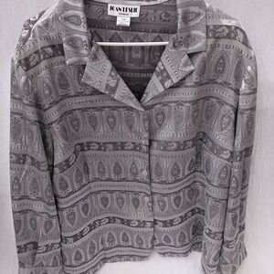Vintage New 1980s Jan Leslie Gray Paisley Print Collared Button Down Shirt